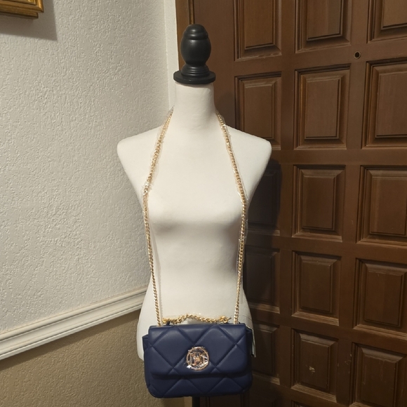 BADGLEY MISCHKA Elegant Navy Quilted Shoulder Bag with Gold/Crossbody Chain - Picture 5 of 6